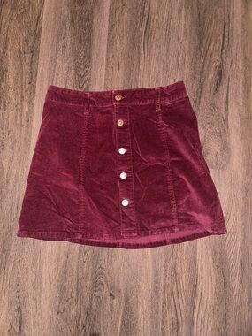 Celebrity Pink Button-Front Corduroy Mini Skirt in Burgundy